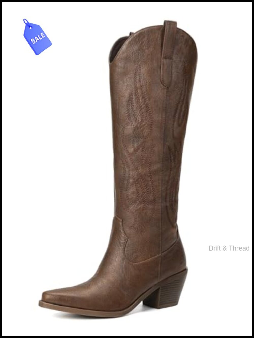 Knee High Cowboy Boots Pointed Toe Chunky Heel Wide Calf Faux Leather